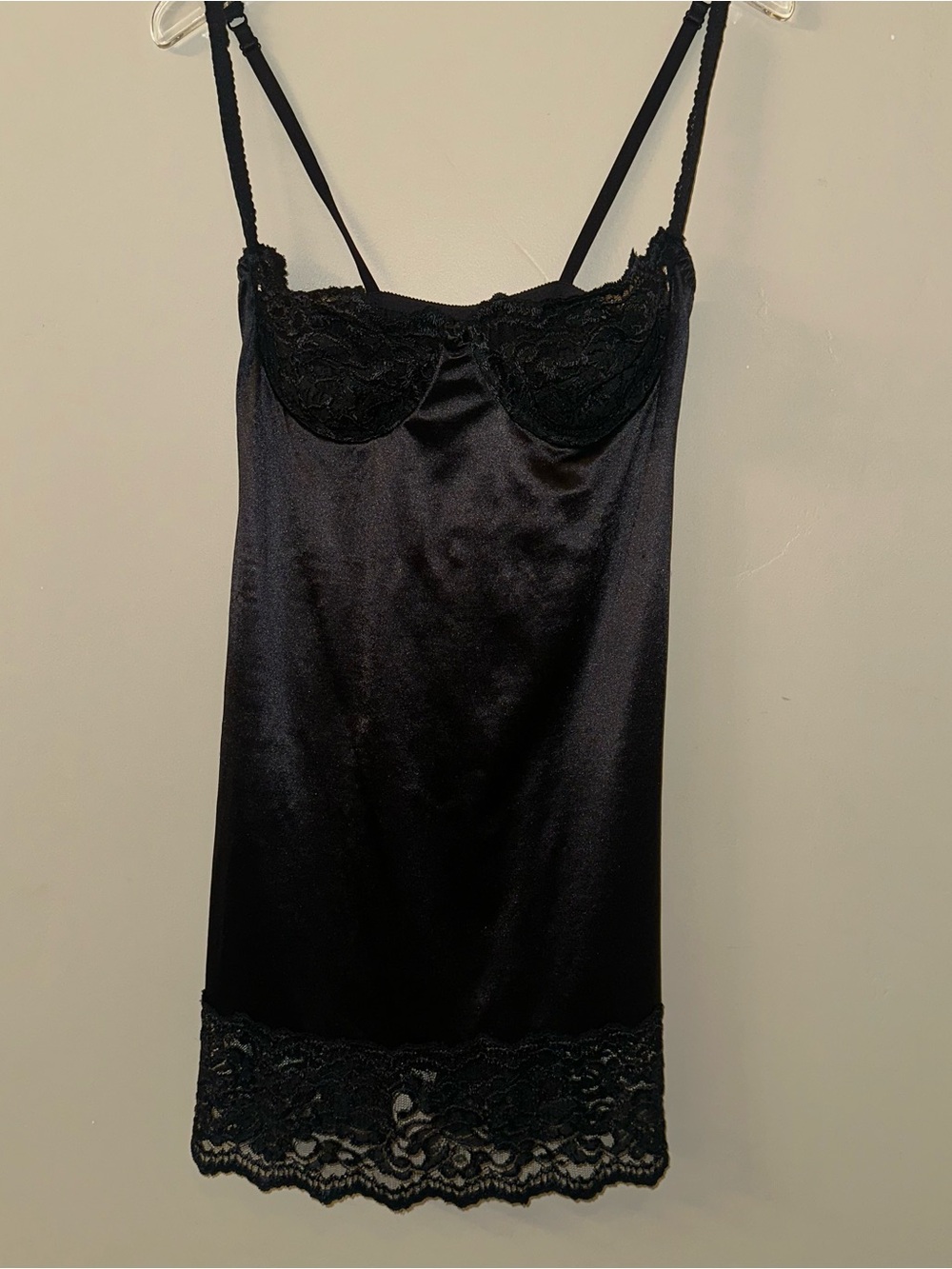 VintageBlack Lace-Trim Satin Slip Dress - Women Victorias Secret